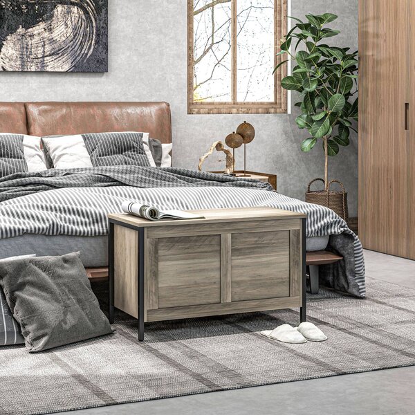 HOMCOM Úložná truhla do ložnice 95 L s víkem, variabilní úložná lavice se zabezpečeným pántem pro chodbu a obývací pokoj 80x40x50 cm hnědošedá | Aosom