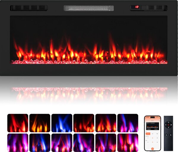 COSTWAY 42'' elektrický krb 750W/1500W, vestavěný krb nástěnný krb elektrický krb s APP WLAN, dálkové ovládání, 12 barev plamene a 5 jasů