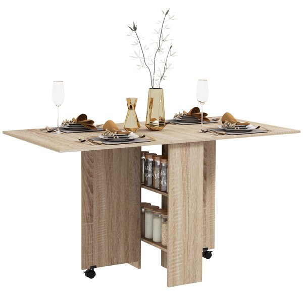 Skládací jídelní stůl HOMCOM – Sklápěcí stůl do kuchyně s kolečky, sklápěcími křídly a policemi pro 4-6 osob 75x140x74 cm Přírodní | Aosom
