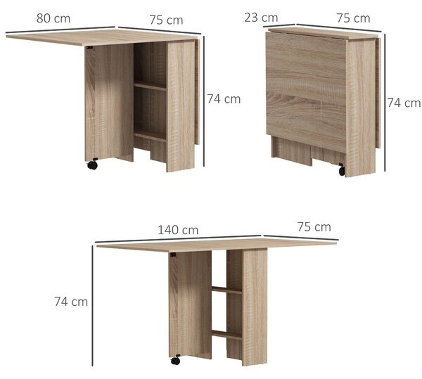 Skládací jídelní stůl HOMCOM – Sklápěcí stůl do kuchyně s kolečky, sklápěcími křídly a policemi pro 4-6 osob 75x140x74 cm Přírodní | Aosom