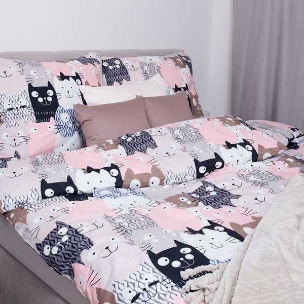 Povlečení KLASIK DESIGN multi cats šedorůžová 140 x 200/70 x 90 cm