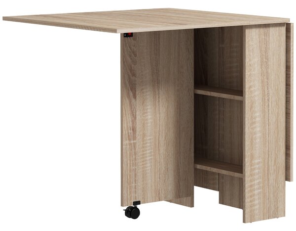 Skládací jídelní stůl HOMCOM – Sklápěcí stůl do kuchyně s kolečky, sklápěcími křídly a policemi pro 4-6 osob 75x140x74 cm Přírodní | Aosom