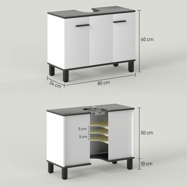HOMCOM Podskřínková koupelnová skříňka s umyvadlem na stojánku nebo nohách, 2 dveře a nastavitelnými policemi pro 80x34x60 cm Jasně bílá koupelna | Ao