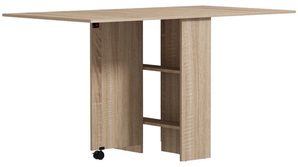 Skládací jídelní stůl HOMCOM – Sklápěcí stůl do kuchyně s kolečky, sklápěcími křídly a policemi pro 4-6 osob 75x140x74 cm Přírodní | Aosom