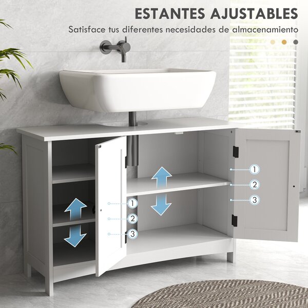 Kleankin Dřevěná Skříňka Pod Umyvadlo s Podstavcem, 2 Dveře a Nastavitelné Policemi, Bezpečnostní Zajištění, Moderní Design, Nosnost 31 kg, 90x30x60 c