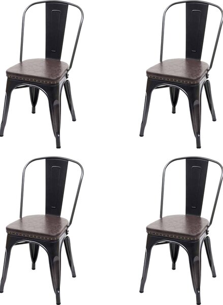 Sada 4 jídelních židlí HWC-H10e, kuchyňská židle, Chesterfield Metal Faux Leather Industrial Gastro černo-hnědá