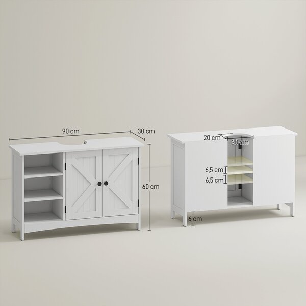 Kleankin Dřevěná Skříňka Pod Umyvadlo s Podstavcem, 2 Dveře a Nastavitelné Policemi, Bezpečnostní Zajištění, Moderní Design, Nosnost 31 kg, 90x30x60 c