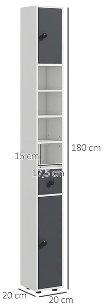 Kleankin Moderní vysoká skříňka do koupelny s 1 zásuvkou, 5 výškově nastavitelnými policemi a 2 dvířky - Koupelnový nábytek do 30 kg, 20x20x180 cm, Še