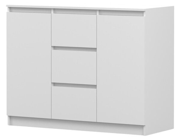 Komoda SOLO 2D3S, ložnice, příborník 120 cm, bílá/bílá, dvoudveřová, tři zásuvky, bez úchytek