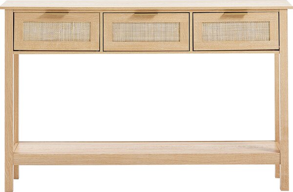 SucceBuy ratanový konzolový stolek se 3 zásuvkami, posuvná ratanová dvířka, rozkládací stolek pro vstupní prostor do obývacího pokoje, pracovny, TV stěny, materiál šetrný k životnímu prostředí, robustní konstrukce