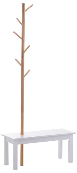 HOMCOM Stojan na kabáty ve tvaru stromu s lavicí, moderní, 6 háčků na zavěšení oblečení a tašek do chodby a vstupu, bambus a MDF, 80x30x180 cm | Aosom