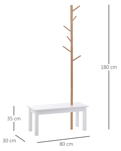 HOMCOM Stojan na kabáty ve tvaru stromu s lavicí, moderní, 6 háčků na zavěšení oblečení a tašek do chodby a vstupu, bambus a MDF, 80x30x180 cm | Aosom