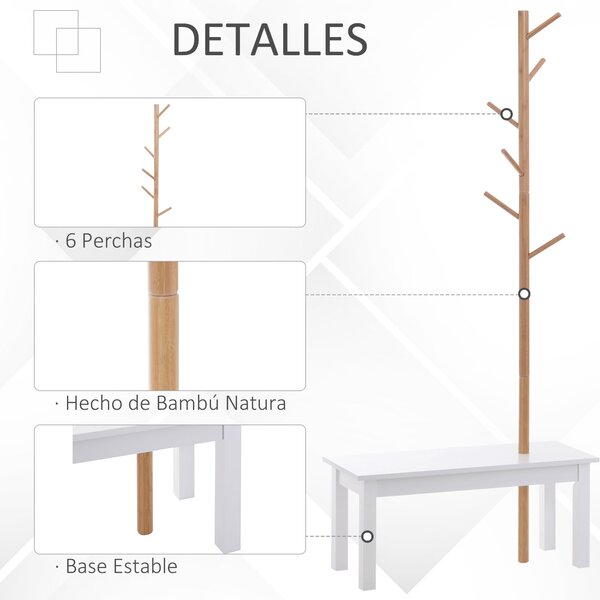 HOMCOM Stojan na kabáty ve tvaru stromu s lavicí, moderní, 6 háčků na zavěšení oblečení a tašek do chodby a vstupu, bambus a MDF, 80x30x180 cm | Aosom