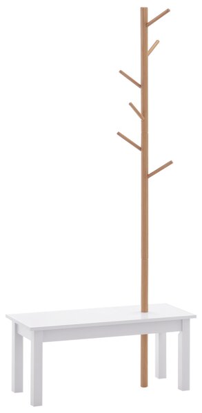 HOMCOM Stojan na kabáty ve tvaru stromu s lavicí, moderní, 6 háčků na zavěšení oblečení a tašek do chodby a vstupu, bambus a MDF, 80x30x180 cm | Aosom