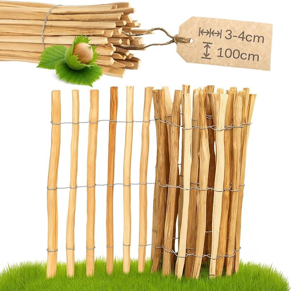 Plot z lískového oříšku PINEEA 100 cm vysoký – 5 m dlouhý dřevěný plot pro zahradu, ochranu rostlin a dekorace – odolný vůči povětrnostním vlivům