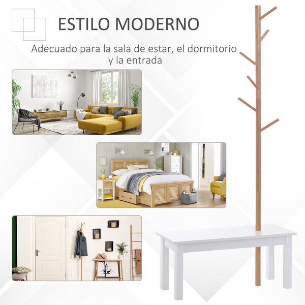 HOMCOM Stojan na kabáty ve tvaru stromu s lavicí, moderní, 6 háčků na zavěšení oblečení a tašek do chodby a vstupu, bambus a MDF, 80x30x180 cm | Aosom