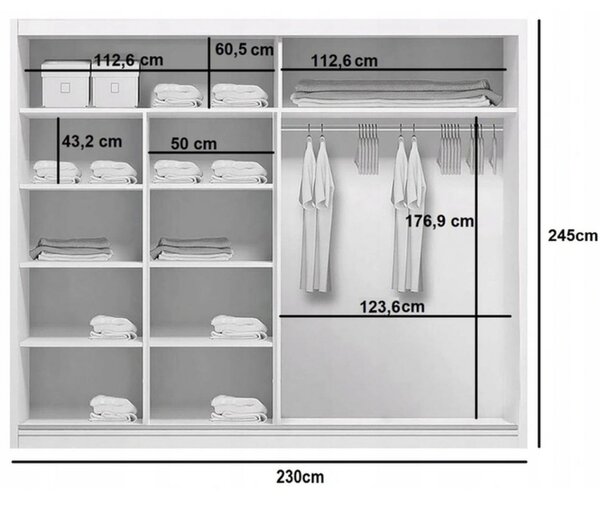 Zrcadlová šatní skříň FERNANDO, šířka 230 cm, výška 245 cm