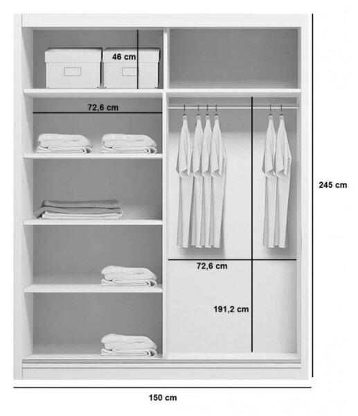 Prostorná šatní skříň se zrcadlem HUGO, šířka 150 cm, výška 245 cm