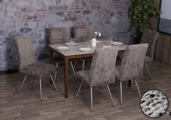 Sada 6 jídelních židlí HWC-G55, kuchyňská židle křeslo, broušená nerezová ocel tkanina/textil žinylka Oeko-Tex tmavě šedá