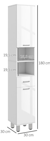 Kleankin Moderní Koupelnová Skříň s 1 Zásuvkou, 3 Nastavitelnými Policemi a 2 Skříňkami pro Obývací Pokoj a Ložnici 30x30x180 cm Bílý Lesk | Aosom