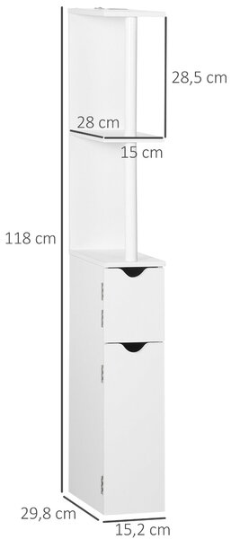 Kleankin Koupelnová Sloupová Skříňka s Dvířky a Otevřenými Policemi - Moderní Koupelnová Skříňka 15,2x29,8x118 cm Bílá | Aosom