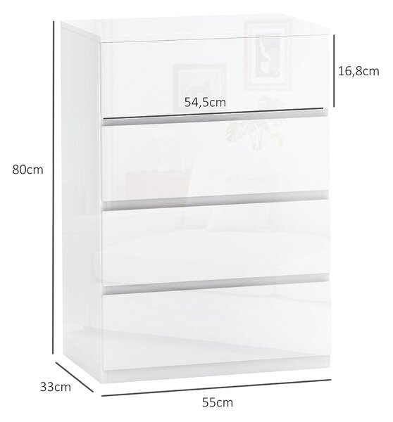 HOMCOM Komoda se 4 zásuvkami Moderní komoda do ložnice s bezpečnostním designem 55x33x80 cm Jasně bílá | Aosom