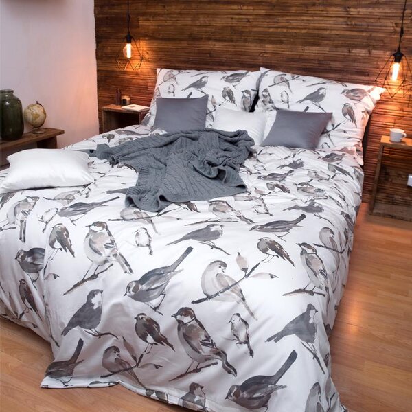 Povlečení SATÉN DESIGN grey birds šedobéžová 140 x 200/70 x 90 cm