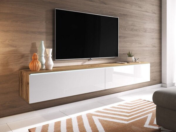 Televizní skříňka s LED osvětlením 180 cm WILLA D - dub wotan / lesklá bílá