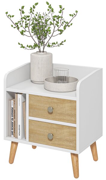 HOMCOM Noční stolek s 2 velkými šuplíky a 1 otevřenou policí a vyvýšenými borovicovými nohami v nordickém designu pro obývací pokoj a ložnici 43x30x49