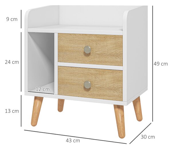 HOMCOM Noční stolek s 2 velkými šuplíky a 1 otevřenou policí a vyvýšenými borovicovými nohami v nordickém designu pro obývací pokoj a ložnici 43x30x49