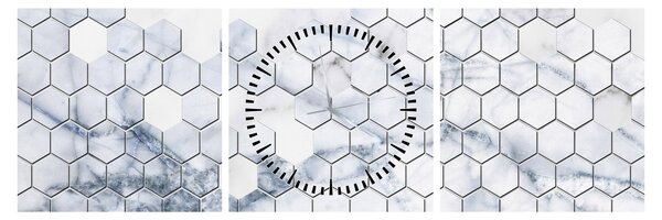 Obraz - Mramorované hexagony (s hodinami) (90x30 cm)