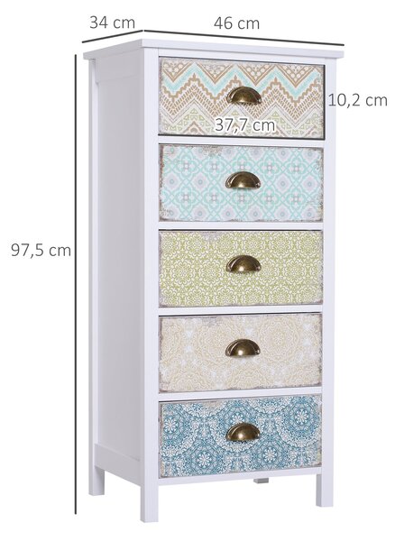 HOMCOM Komoda do Ložnice s 5 Šuplíky s Vzorovanými Předními Stranami a Vintage Rukojeťmi, Komoda do Obývacího Pokoje či Kanceláře 46x34x97,5 cm Víceba