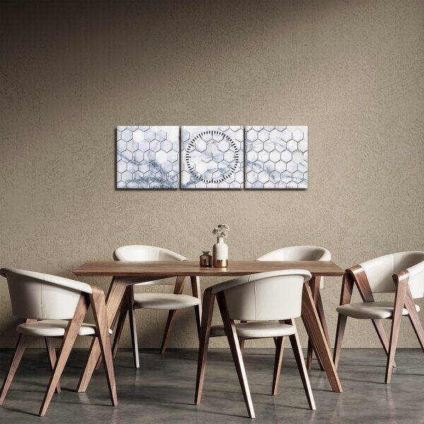 Obraz - Mramorované hexagony (s hodinami) (90x30 cm)