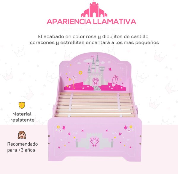 HOMCOM Dětská postel pro děti od 3 let - Dřevěná postel s bezpečnostními zábranami, max. nosnost 50 kg, 143x73x60 cm, Růžová | Aosom