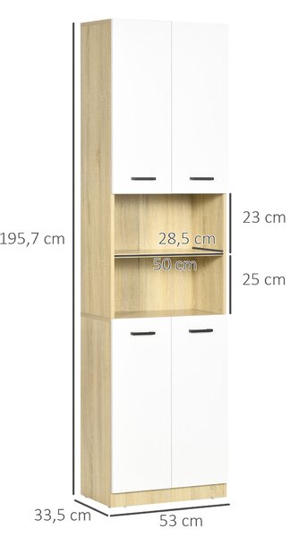Kleankin Vysoká Koupelnová Skříňka s 4 Dveřmi, 2 Otevřenými Policemi a Nastavitelnými Policemi – Moderní Styl pro Obývací Pokoj 53x33,5x195,7 cm Bílá