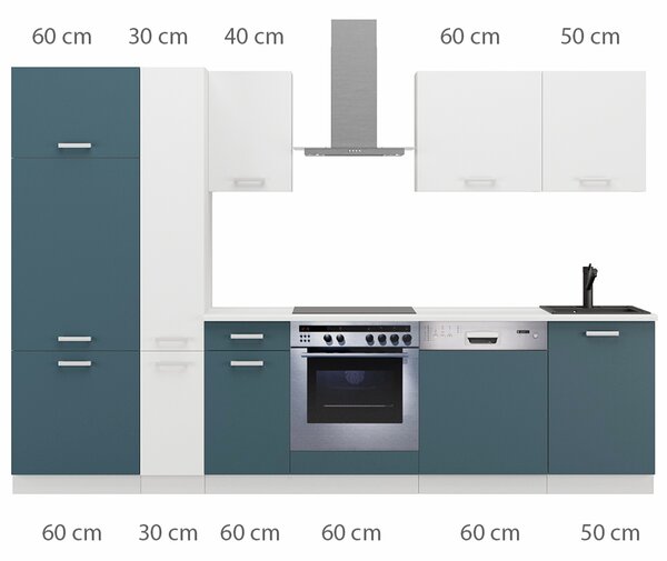 Kuchyňská linka TONI | 300 cm | S PRACOVNÍ DESKOU | bílá/skaggerak modrá