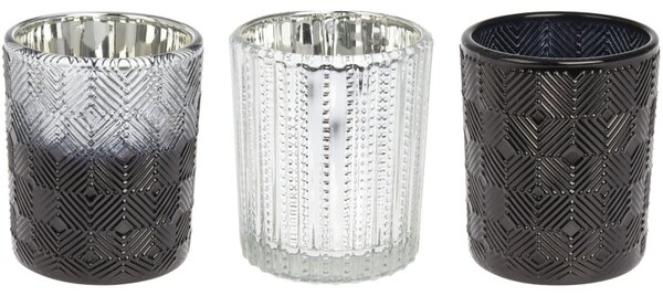 Svícen sklo 3 ks - set 170×58×83 mm, mix černá/stříbrná/šedá