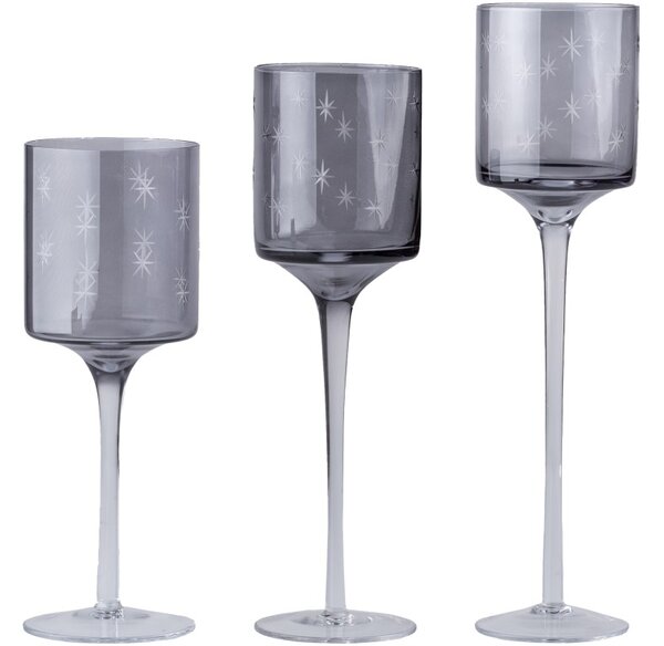 Skleněný svícen na nožičce sada 3ks 90x250/90x300/90x350mm, kouřavá