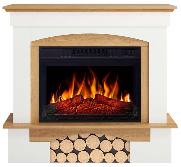 Elektrický krb ArtiFlame Woodley AF23S bílý/dub přírodní – Vestavný elektrický krb 1800 W, realistický efekt plamenů s LED diodami, topná funkce, dálkové ovládání