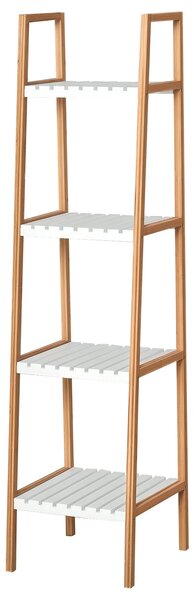Kleankin 4-patrová bambusová police ve tvaru žebříku - Multifunkční úložný nábytek do koupelny, obývacího pokoje a kuchyně 35x36x138,5 cm Bílá a Příro