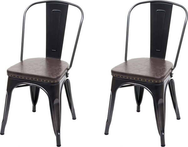Sada 2 jídelních židlí HWC-H10e, Kuchyňská židle Chesterfield Metal Faux Leather Industrial Gastronomy černo-hnědá