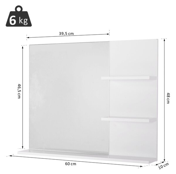 Zrcadlo kleankin s nástěnnou montáží a 3 vestavěnými policemi 60x10x48 cm Bílá | Aosom