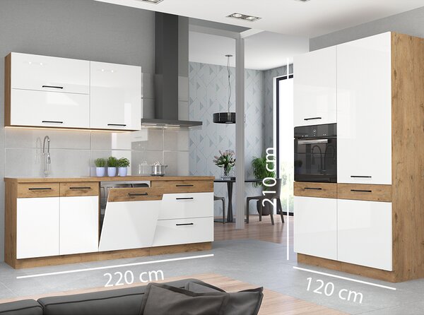Kuchyňská linka VIGO b | 220 + 120 cm | PREMIUM BOX | UNI dvířka | lancelot/bílá lesk