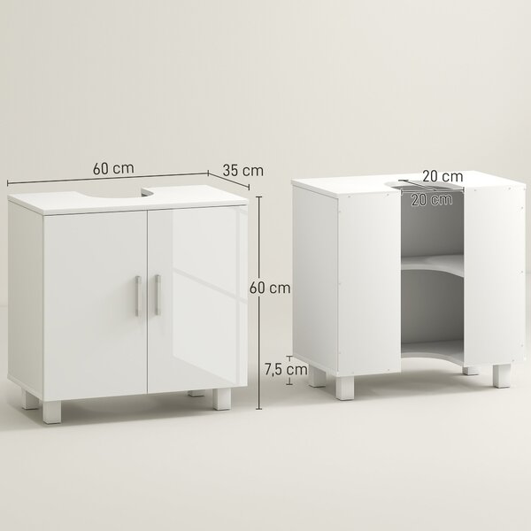 HOMCOM Skříňka pod umyvadlo s podstavcem, koupelnová skříňka se 2 dvířky, 2 policemi a protiskluzovým systémem, 60x35x60 cm, bílá | Aosom