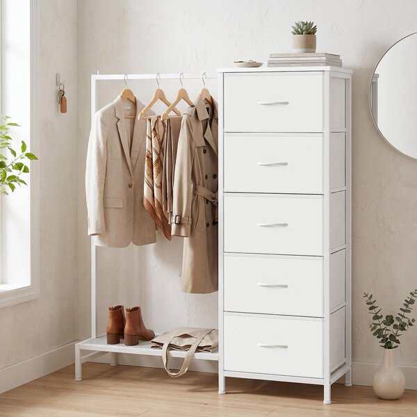 SONGMICS, stojan na oblečení 3 v 1 s 5 zásuvkami a věšákovou tyčí, rozměry 96,2 x 30 x 117,7 cm, bílá barva