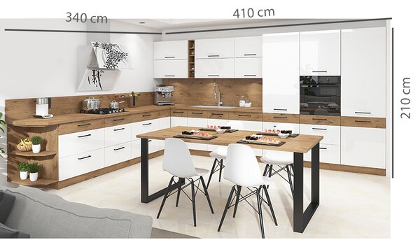 Kuchyňská linka VIGO b | 340x410 cm | PREMIUM BOX | UNI dvířka | lancelot/bílá lesk