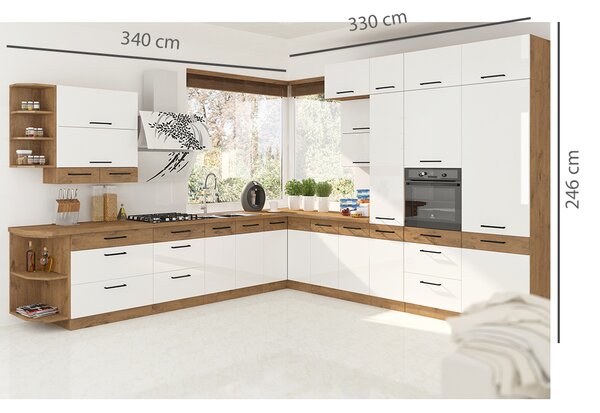 Kuchyňská linka VIGO b | 340x330 cm | PREMIUM BOX | UNI dvířka | lancelot/bílá lesk