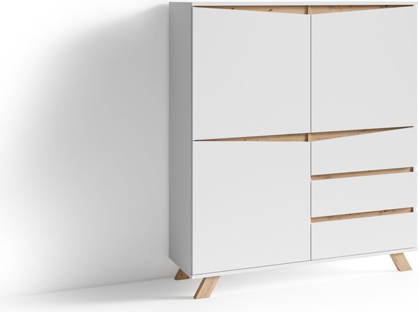 ByLIVING Valentin komoda, šířka vysoké desky 120 cm, matná bílá, aplikace ve vzhledu dubu