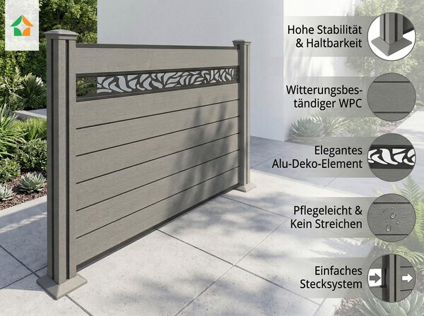 Plot z kompozitního materiálu Valla – 1 prvek, 2 sloupky s dekorativními lištami, rozměry cca 1,9 x 1,3 m