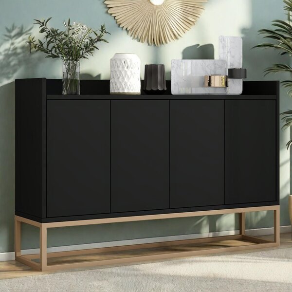 UnboxG Komoda 120x30x80 cm černá se 4 dvířky, úložný prostor do obývacího pokoje, jídelny nebo chodby – moderní úložný nábytek, stabilní a univerzální
